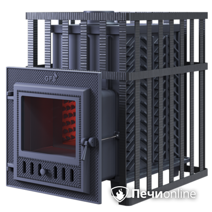 Дровяная банная печь Гефест ЗК в сетке-18 (М) чугунная дверца со стеклом, запатентованная каменка сетка в Красноярске
