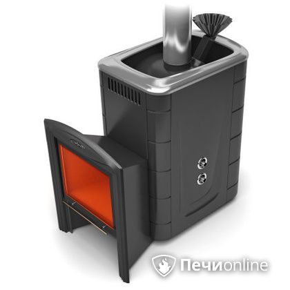 Дровяная банная печь TMF Гейзер 2014 Carbon Витра с теплообменником антрацит в Красноярске